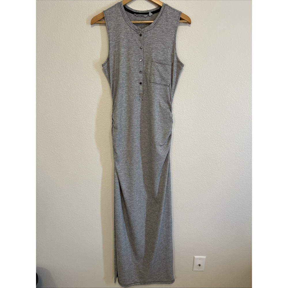 ATHLETA Sleeveless Henley MaxiDress Sz ST Gray Ruched Stretch Microstripe Jersey